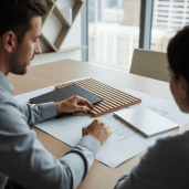 Arquitecto revisando planos de construcción con  muestras de materiales | Innova Cladding